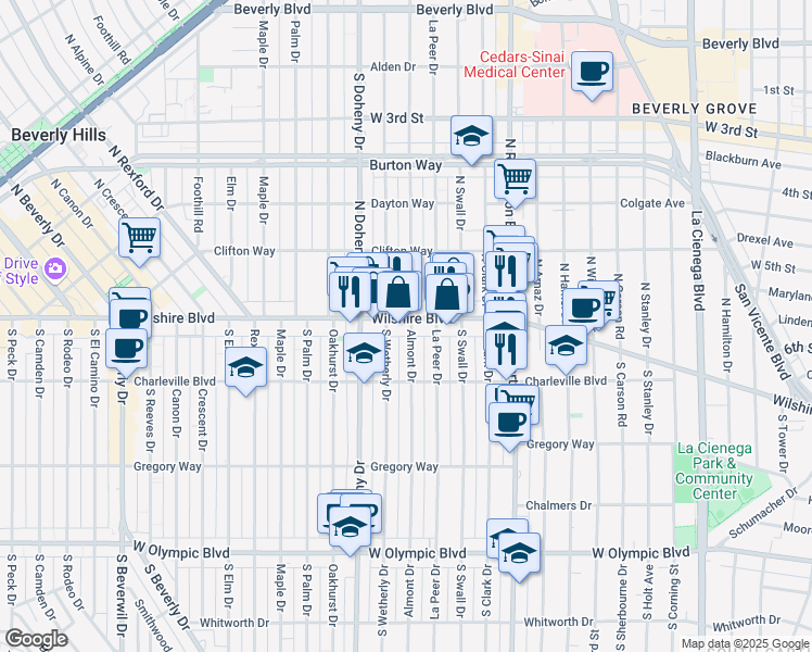 map of restaurants, bars, coffee shops, grocery stores, and more near 9000 Wilshire Boulevard in Beverly Hills
