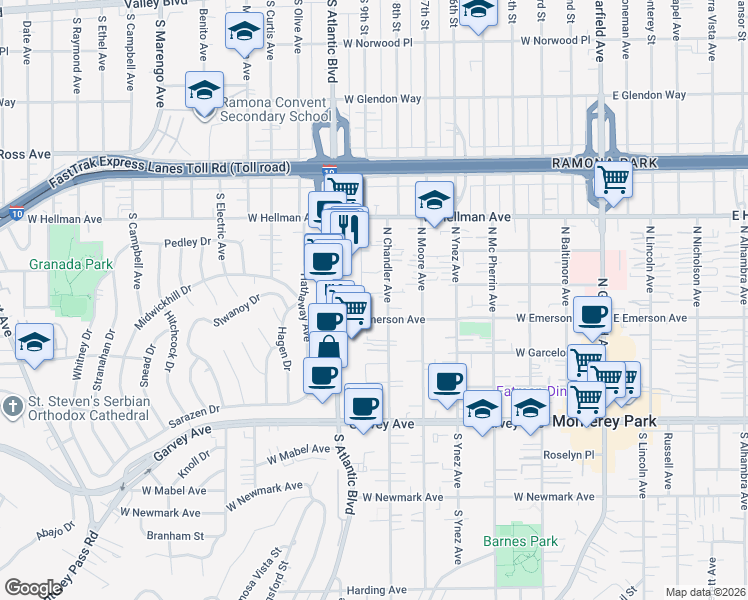 map of restaurants, bars, coffee shops, grocery stores, and more near 407 North Chandler Avenue in Monterey Park
