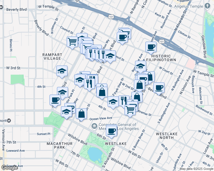 map of restaurants, bars, coffee shops, grocery stores, and more near 227 South Carondelet Street in Los Angeles