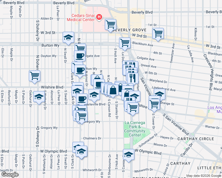 map of restaurants, bars, coffee shops, grocery stores, and more near 132 North Carson Road in Beverly Hills