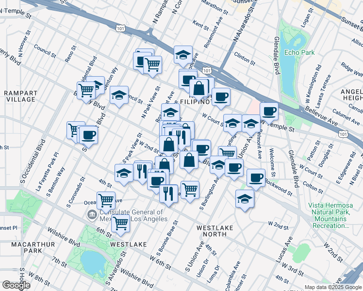 map of restaurants, bars, coffee shops, grocery stores, and more near 2 North Alvarado Street in Los Angeles