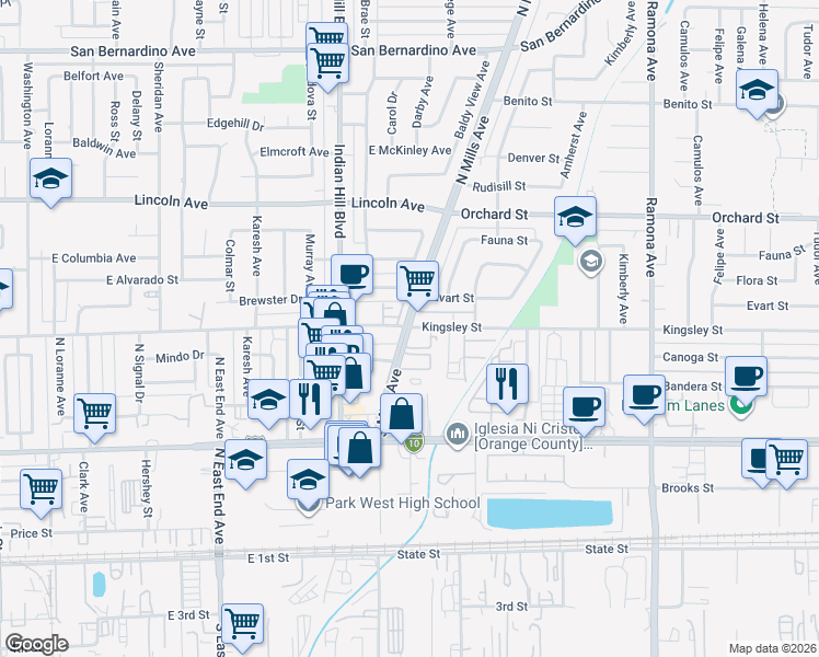 map of restaurants, bars, coffee shops, grocery stores, and more near Mills Avenue & Kingsley Street in Montclair