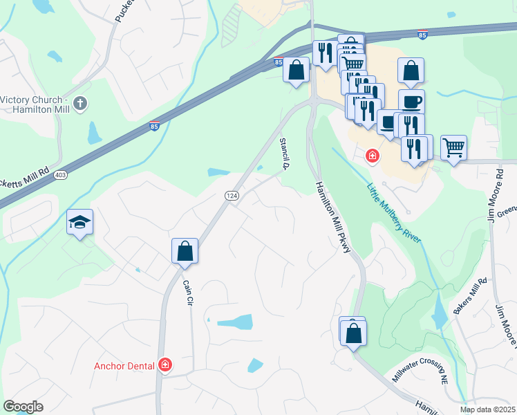 map of restaurants, bars, coffee shops, grocery stores, and more near 3237 Garden Valley Court in Dacula