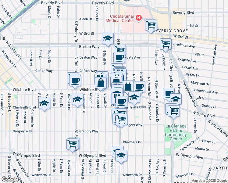 map of restaurants, bars, coffee shops, grocery stores, and more near in Beverly Hills