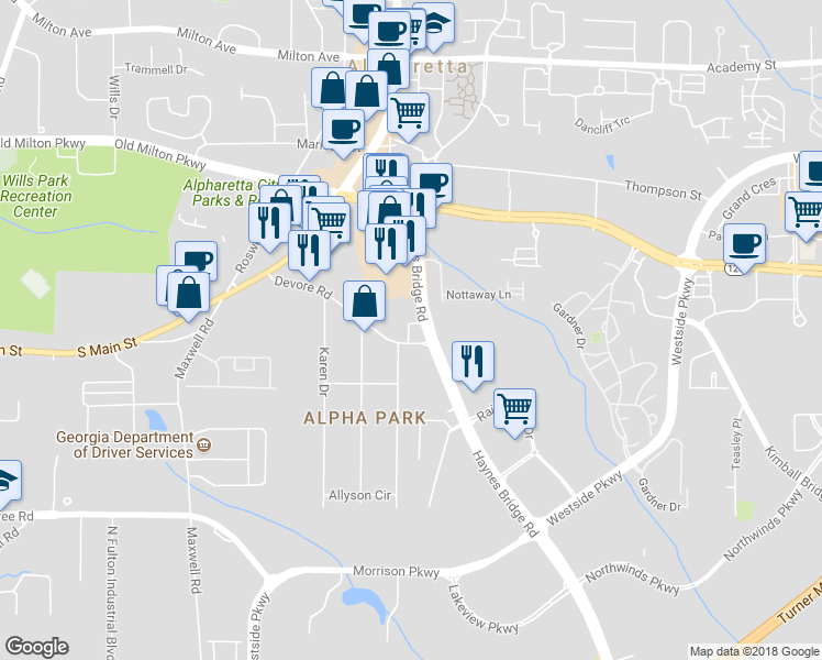 map of restaurants, bars, coffee shops, grocery stores, and more near 11700 Haynes Bridge Road in Alpharetta