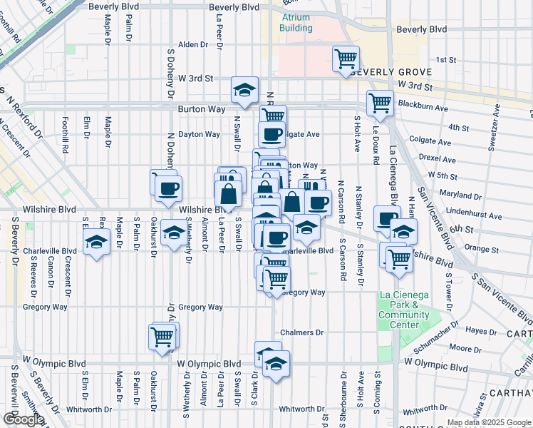 map of restaurants, bars, coffee shops, grocery stores, and more near 128 South Clark Drive in Beverly Hills