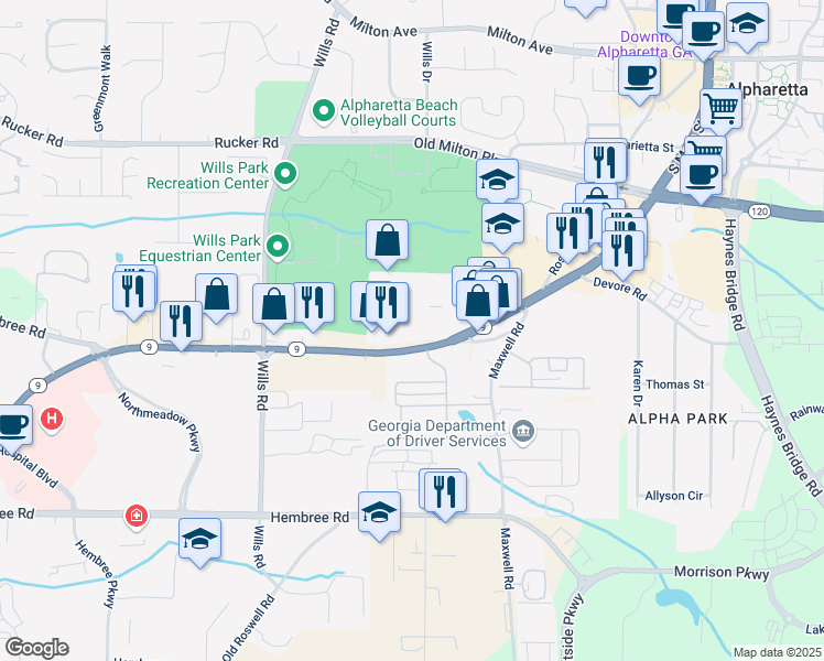 map of restaurants, bars, coffee shops, grocery stores, and more near 431 South Main Street in Alpharetta