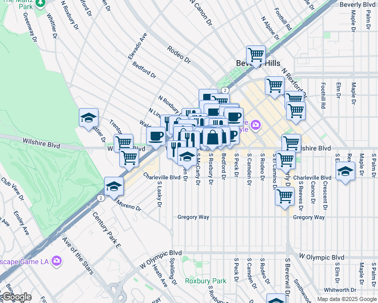 map of restaurants, bars, coffee shops, grocery stores, and more near 9730 Wilshire Boulevard in Beverly Hills