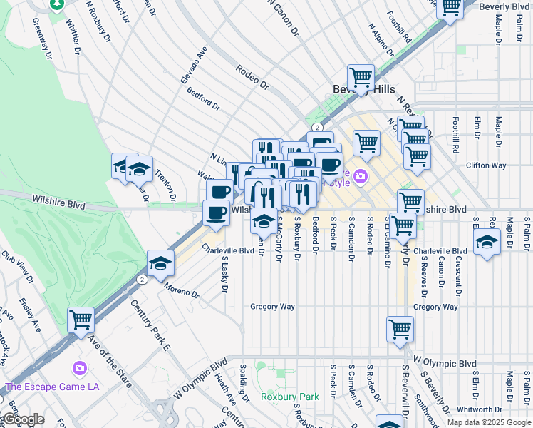 map of restaurants, bars, coffee shops, grocery stores, and more near 9730 Wilshire Boulevard in Beverly Hills