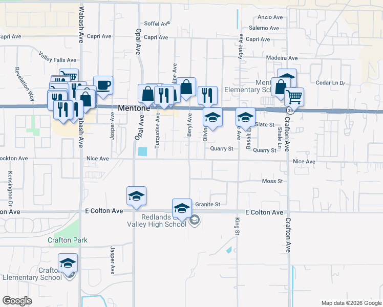 map of restaurants, bars, coffee shops, grocery stores, and more near 1114 Beryl Avenue in Mentone