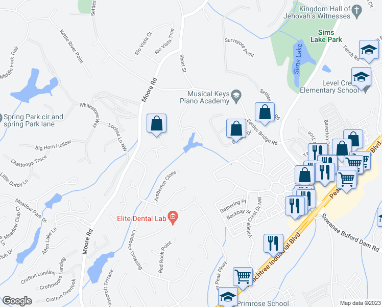 map of restaurants, bars, coffee shops, grocery stores, and more near 4550 Colony Point in Suwanee