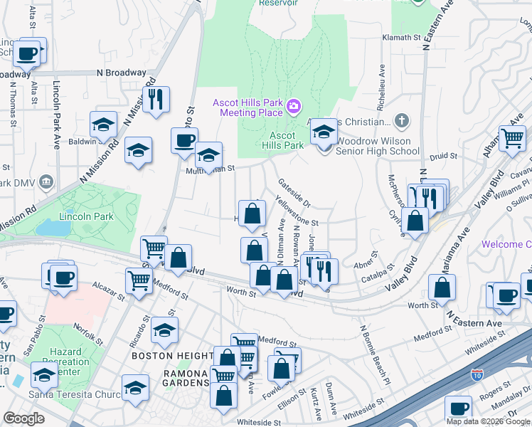 map of restaurants, bars, coffee shops, grocery stores, and more near 2021 Vineburn Avenue in Los Angeles