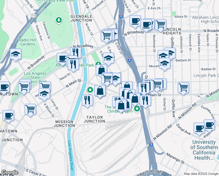 map of restaurants, bars, coffee shops, grocery stores, and more near 1815 North Main Street in Los Angeles