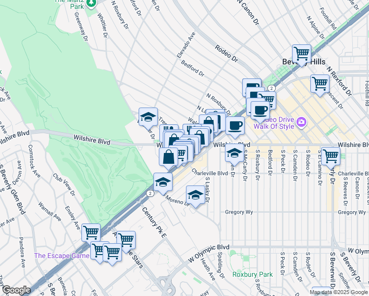 map of restaurants, bars, coffee shops, grocery stores, and more near 9860 Wilshire Boulevard in Beverly Hills