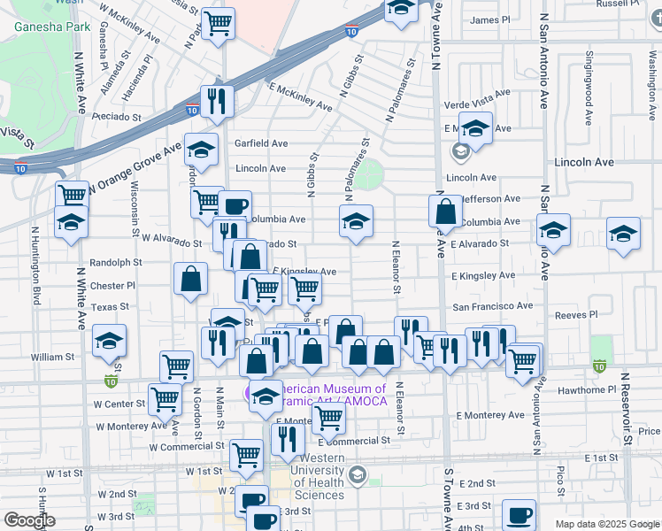 map of restaurants, bars, coffee shops, grocery stores, and more near 357 East Kingsley Avenue in Pomona