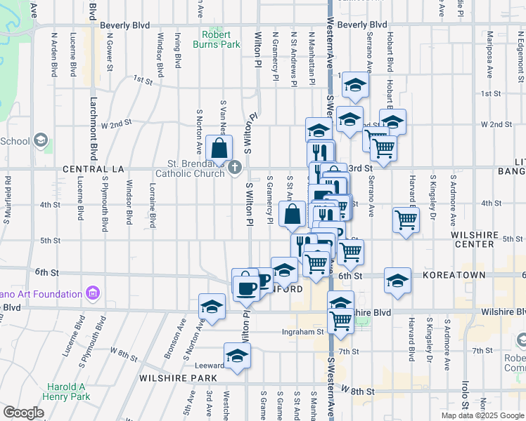 map of restaurants, bars, coffee shops, grocery stores, and more near 407 South Gramercy Place in Los Angeles