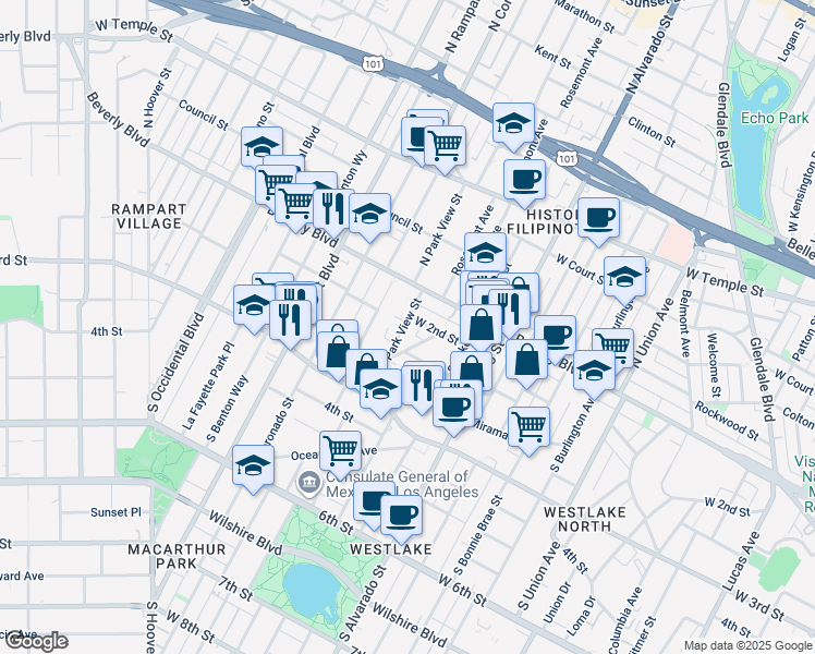 map of restaurants, bars, coffee shops, grocery stores, and more near 208 South Park View Street in Los Angeles