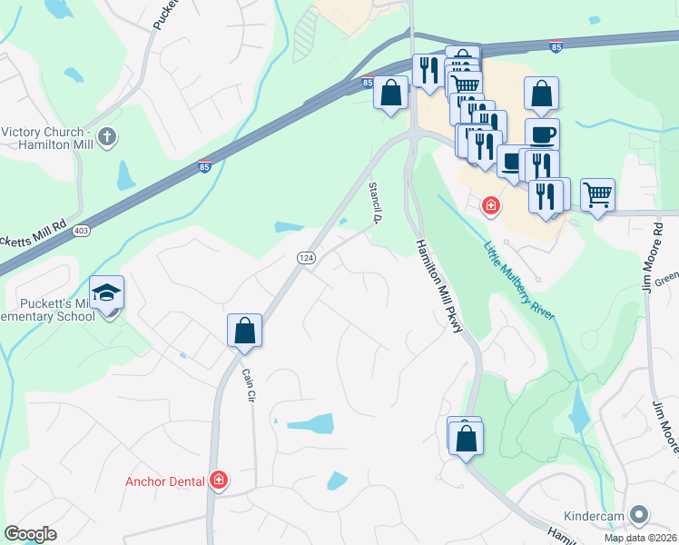map of restaurants, bars, coffee shops, grocery stores, and more near 3237 Garden Valley Court in Dacula