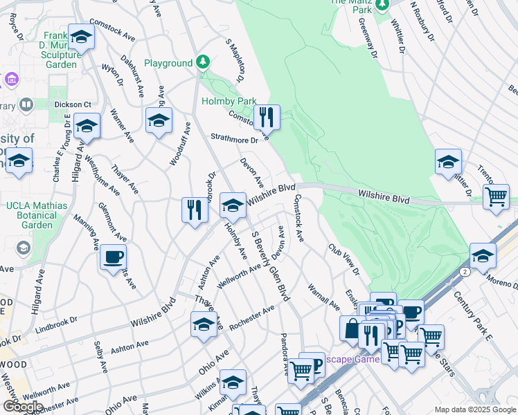 map of restaurants, bars, coffee shops, grocery stores, and more near 10380 Wilshire Boulevard in Los Angeles