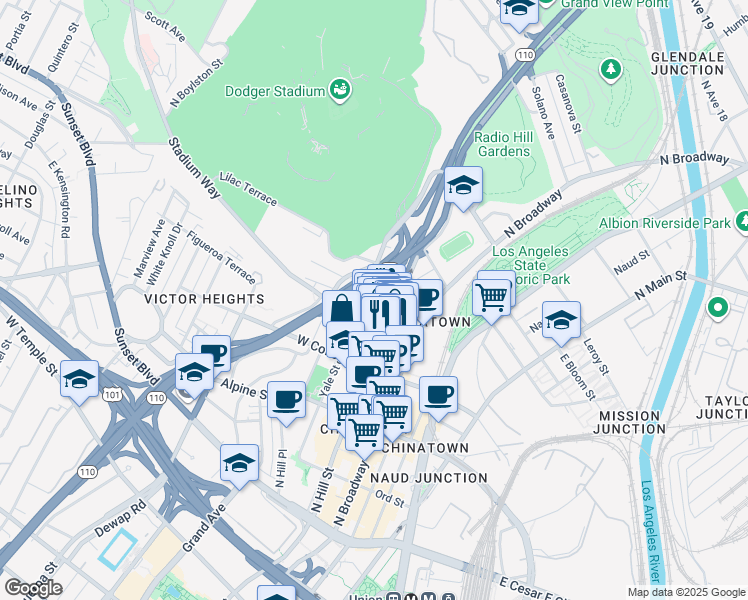 map of restaurants, bars, coffee shops, grocery stores, and more near 980 Yale Street in Los Angeles