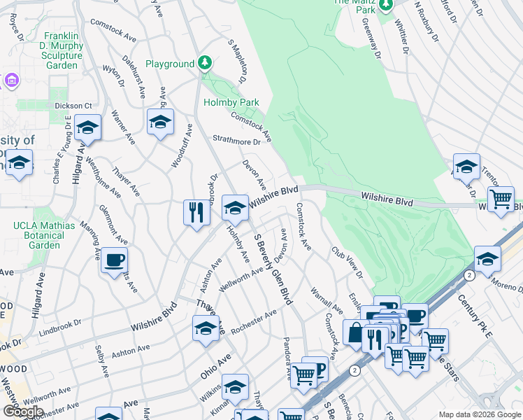 map of restaurants, bars, coffee shops, grocery stores, and more near 10380 Wilshire Boulevard in Los Angeles