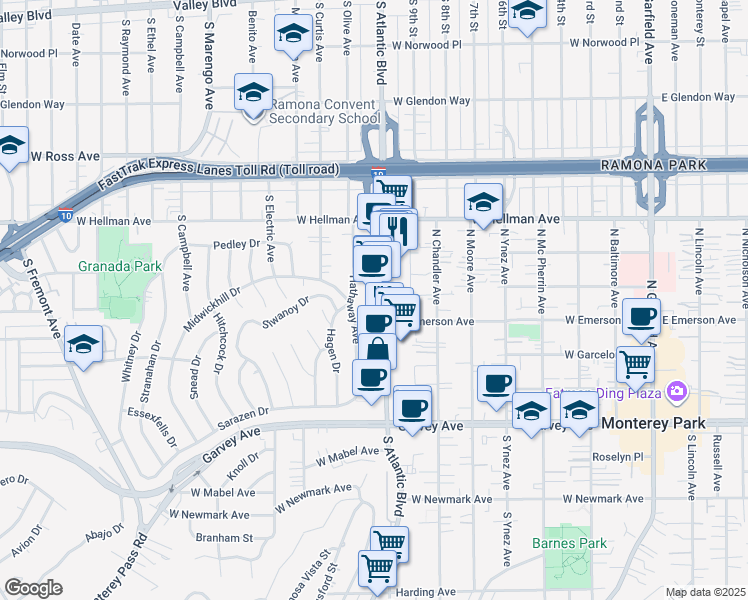 map of restaurants, bars, coffee shops, grocery stores, and more near 421 North Atlantic Boulevard in Monterey Park