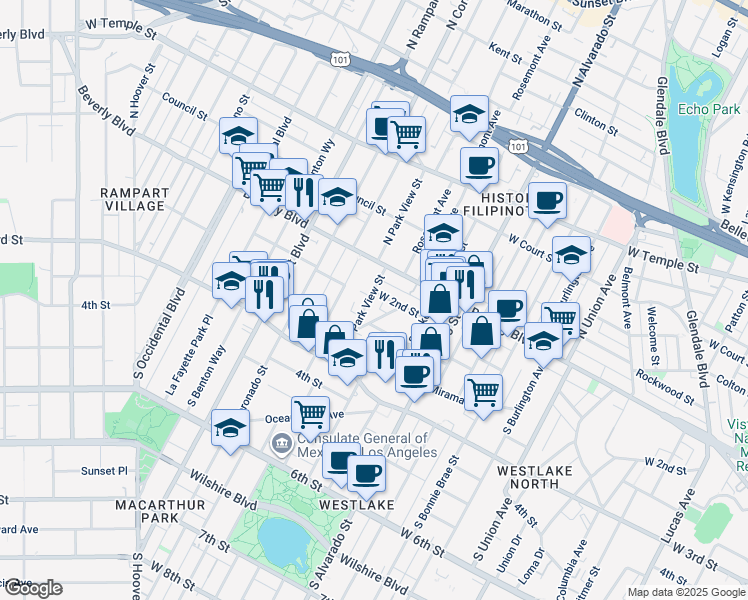 map of restaurants, bars, coffee shops, grocery stores, and more near 208 South Park View Street in Los Angeles