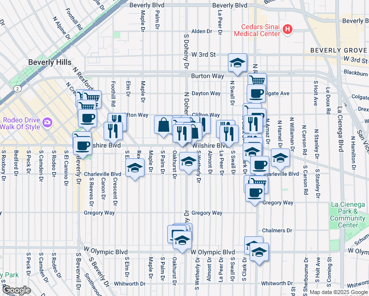 map of restaurants, bars, coffee shops, grocery stores, and more near 9100 Wilshire Boulevard in Beverly Hills
