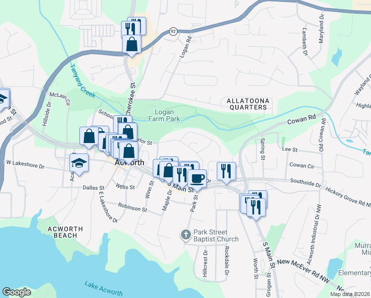 map of restaurants, bars, coffee shops, grocery stores, and more near 4387 Mitchell Hill Drive in Acworth