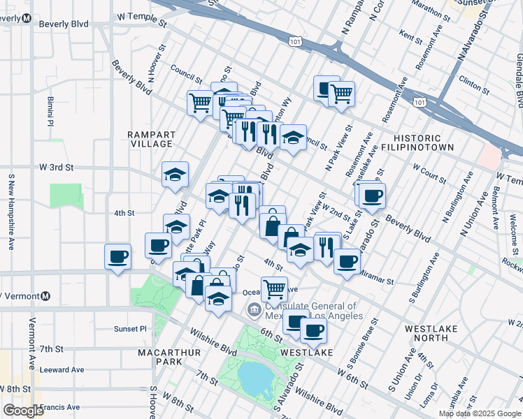 map of restaurants, bars, coffee shops, grocery stores, and more near 249 South Coronado Street in Los Angeles
