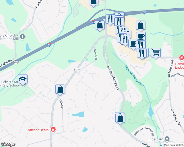 map of restaurants, bars, coffee shops, grocery stores, and more near Stancil Point Drive in Dacula