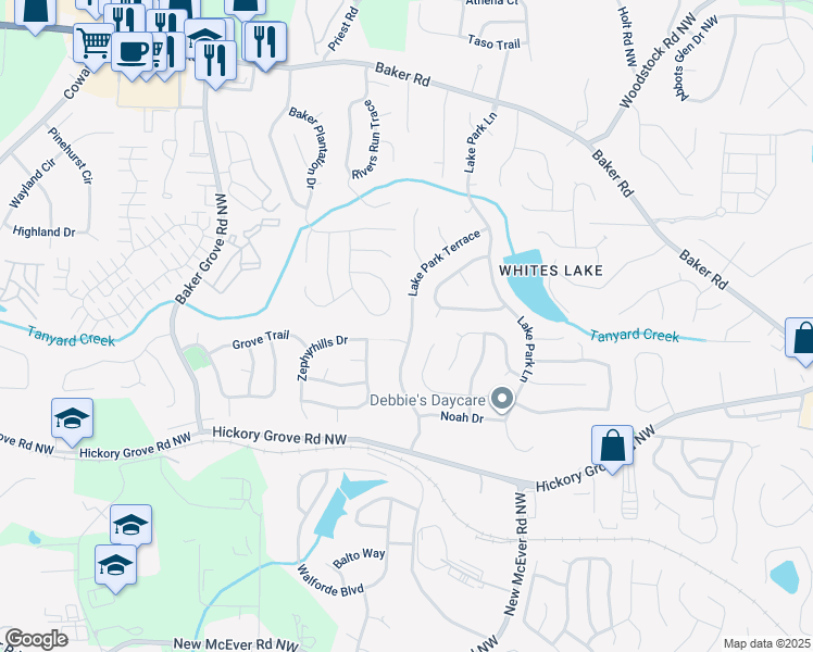 map of restaurants, bars, coffee shops, grocery stores, and more near 4817 Lake Park Terrace in Acworth