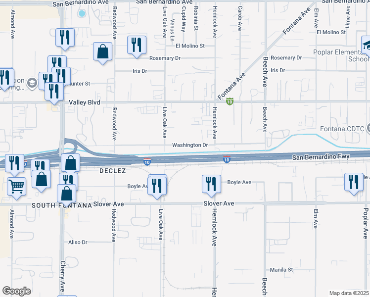 map of restaurants, bars, coffee shops, grocery stores, and more near 14997 Washington Drive in Fontana