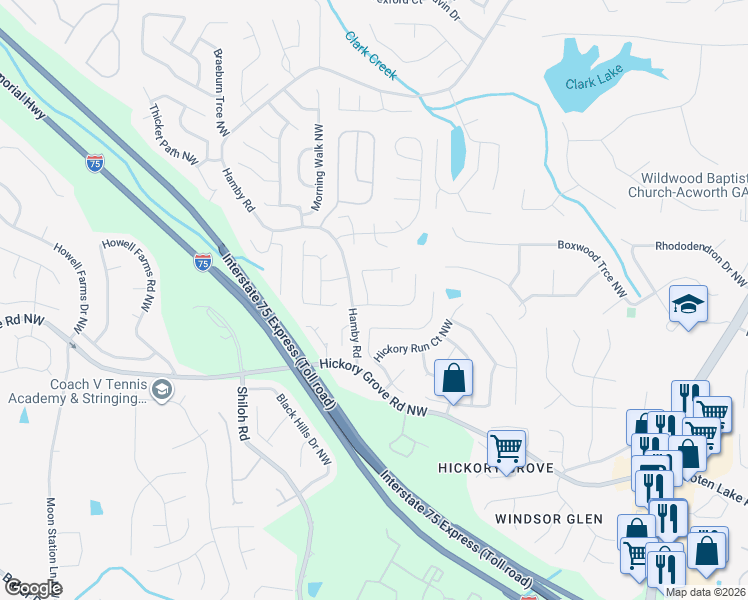 map of restaurants, bars, coffee shops, grocery stores, and more near 1866 Tranquil Field Drive Northwest in Acworth