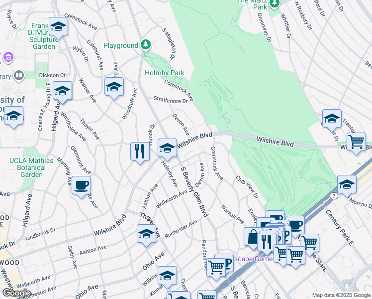 map of restaurants, bars, coffee shops, grocery stores, and more near 10380 Wilshire Boulevard in Los Angeles
