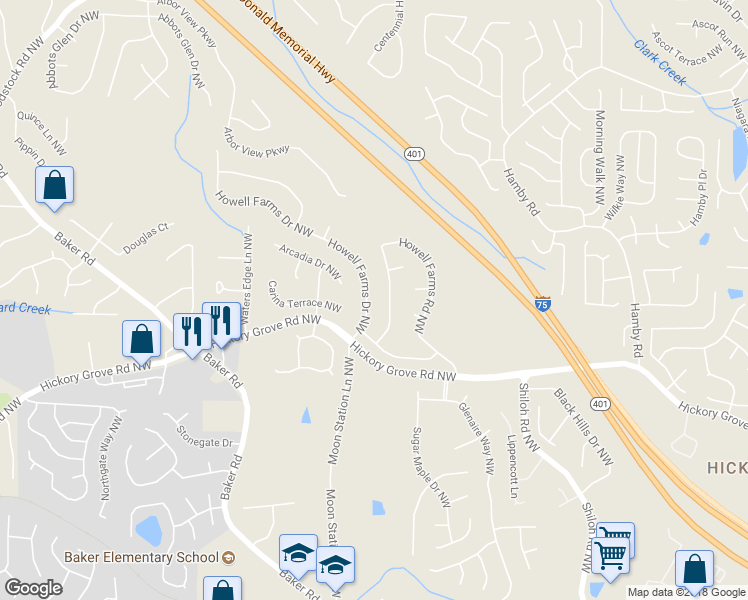 map of restaurants, bars, coffee shops, grocery stores, and more near 4610 Howell Farms Drive in Acworth