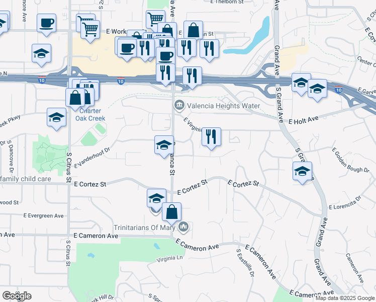 map of restaurants, bars, coffee shops, grocery stores, and more near 3033 East Sunset Hill Drive in West Covina