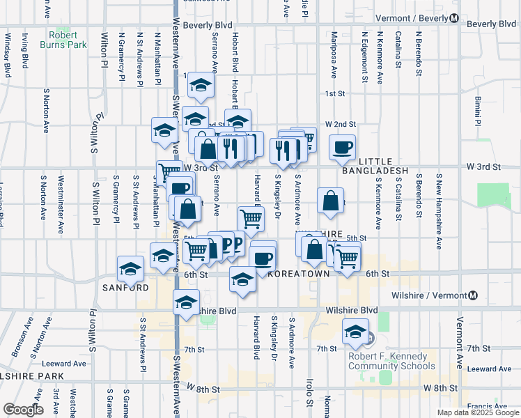 map of restaurants, bars, coffee shops, grocery stores, and more near 400 South Harvard Boulevard in Los Angeles