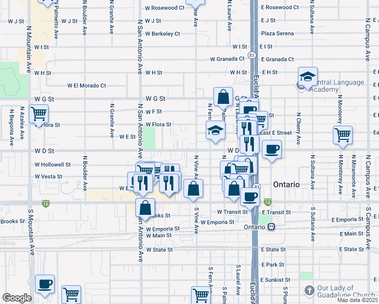 map of restaurants, bars, coffee shops, grocery stores, and more near 521 West D Street in Ontario