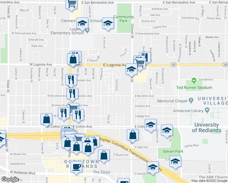 map of restaurants, bars, coffee shops, grocery stores, and more near 511 East Brockton Avenue in Redlands