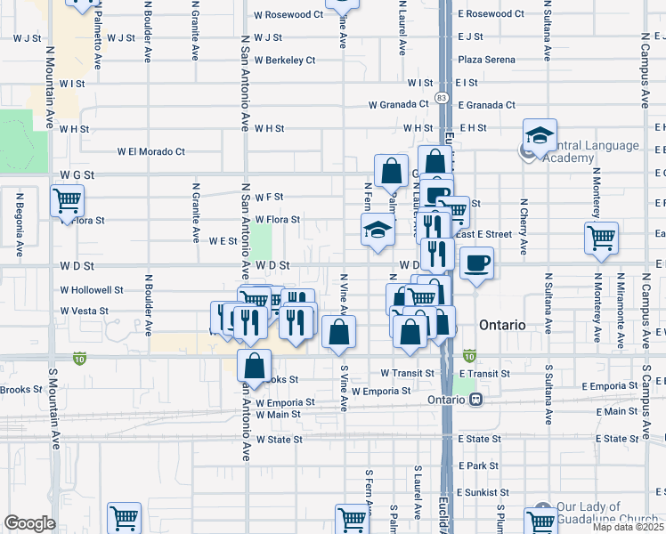 map of restaurants, bars, coffee shops, grocery stores, and more near 521 West D Street in Ontario