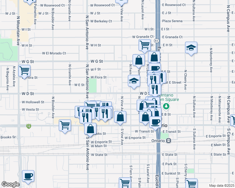 map of restaurants, bars, coffee shops, grocery stores, and more near 521 West D Street in Ontario