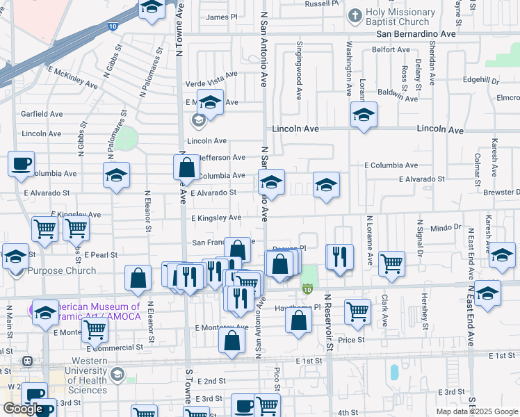 map of restaurants, bars, coffee shops, grocery stores, and more near in Pomona