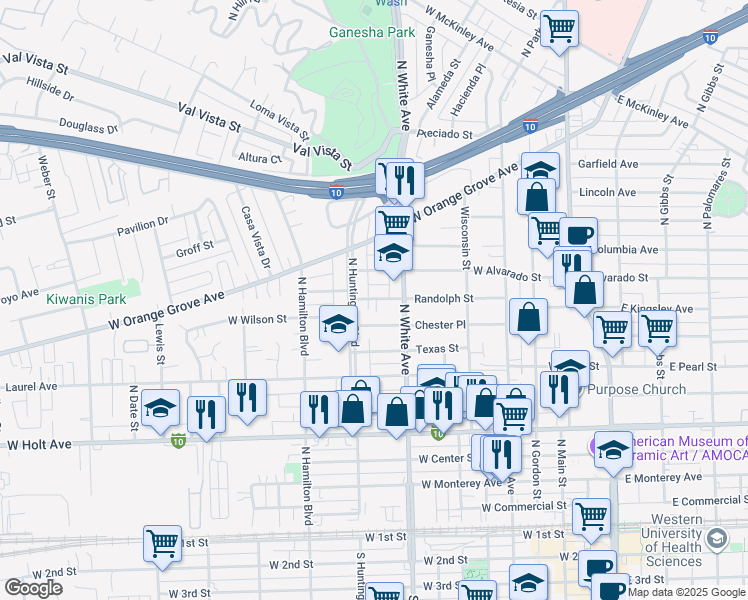 map of restaurants, bars, coffee shops, grocery stores, and more near 560 Randolph Street in Pomona