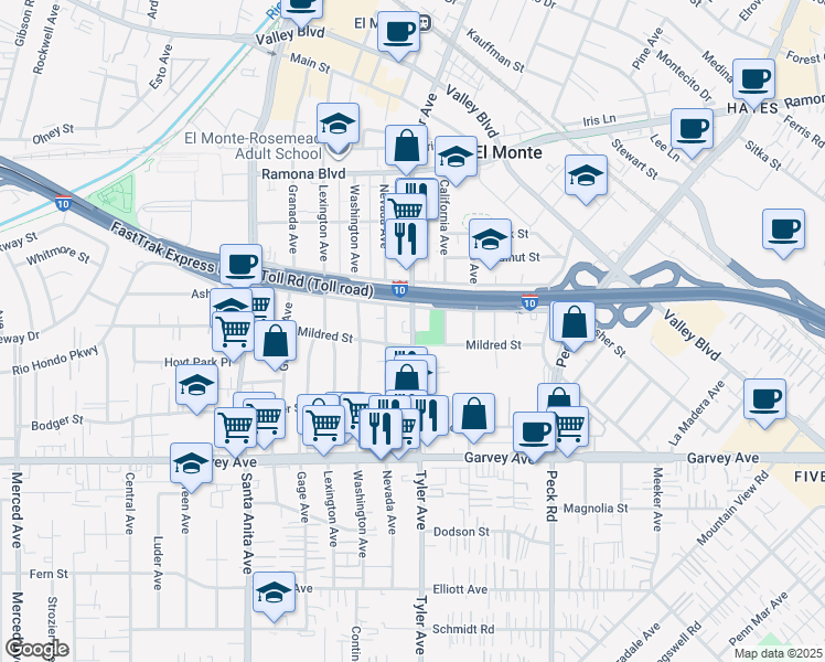 map of restaurants, bars, coffee shops, grocery stores, and more near 3210 Nevada Avenue in El Monte