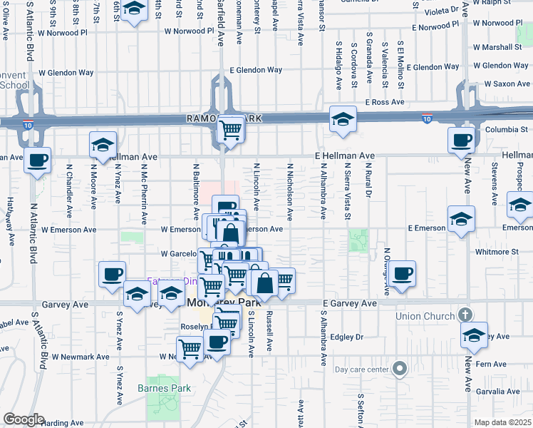 map of restaurants, bars, coffee shops, grocery stores, and more near 408 North Lincoln Avenue in Monterey Park