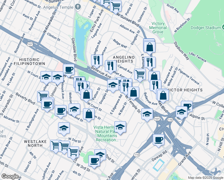map of restaurants, bars, coffee shops, grocery stores, and more near 1306 West Temple Street in Los Angeles