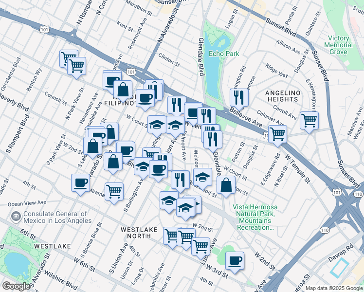 map of restaurants, bars, coffee shops, grocery stores, and more near 276 Belmont Avenue in Los Angeles