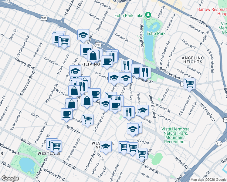 map of restaurants, bars, coffee shops, grocery stores, and more near 214 North Burlington Avenue in Los Angeles