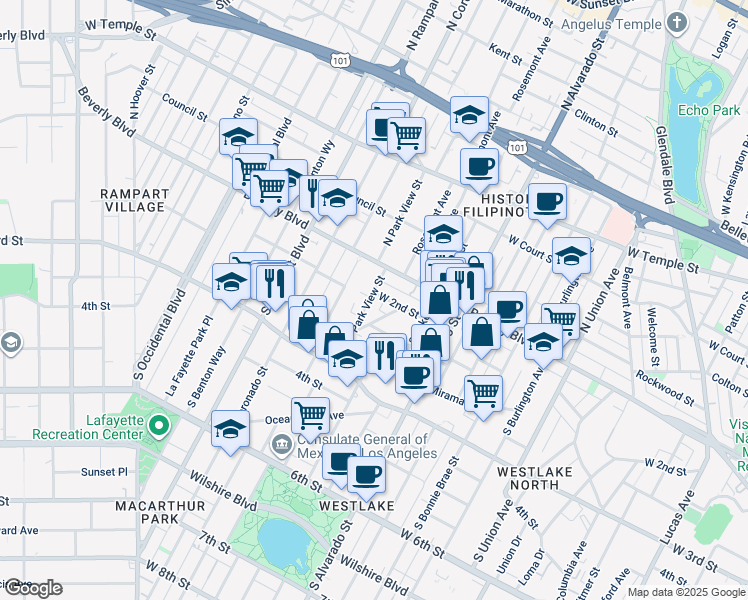 map of restaurants, bars, coffee shops, grocery stores, and more near 217 Crandall Street in Los Angeles